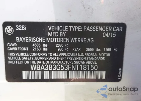 2015 BMW 328I xDrive из США, поврежденный, VIN WBA3B3G53FNT18150